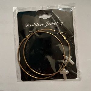 NWT Pair of Gold Large Hoop Earrings with Pearl Dangling Cross